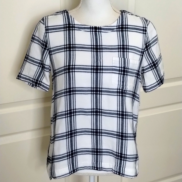 Madewell women's small button back blue/white plaid flannel feel material top - Picture 1 of 13